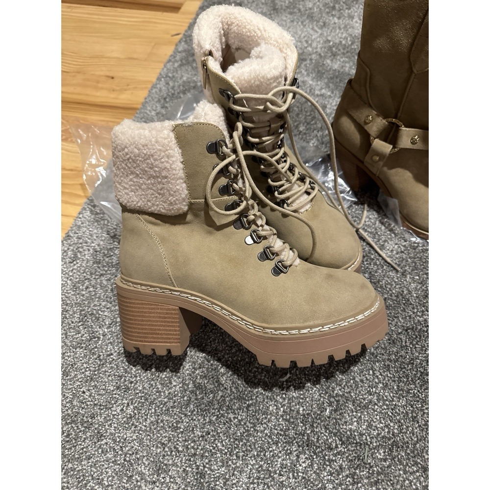 MIA Chinobootie Faux Fur Lined Lace-Up Ankle Combat Boot Beige Women's 6.5 M